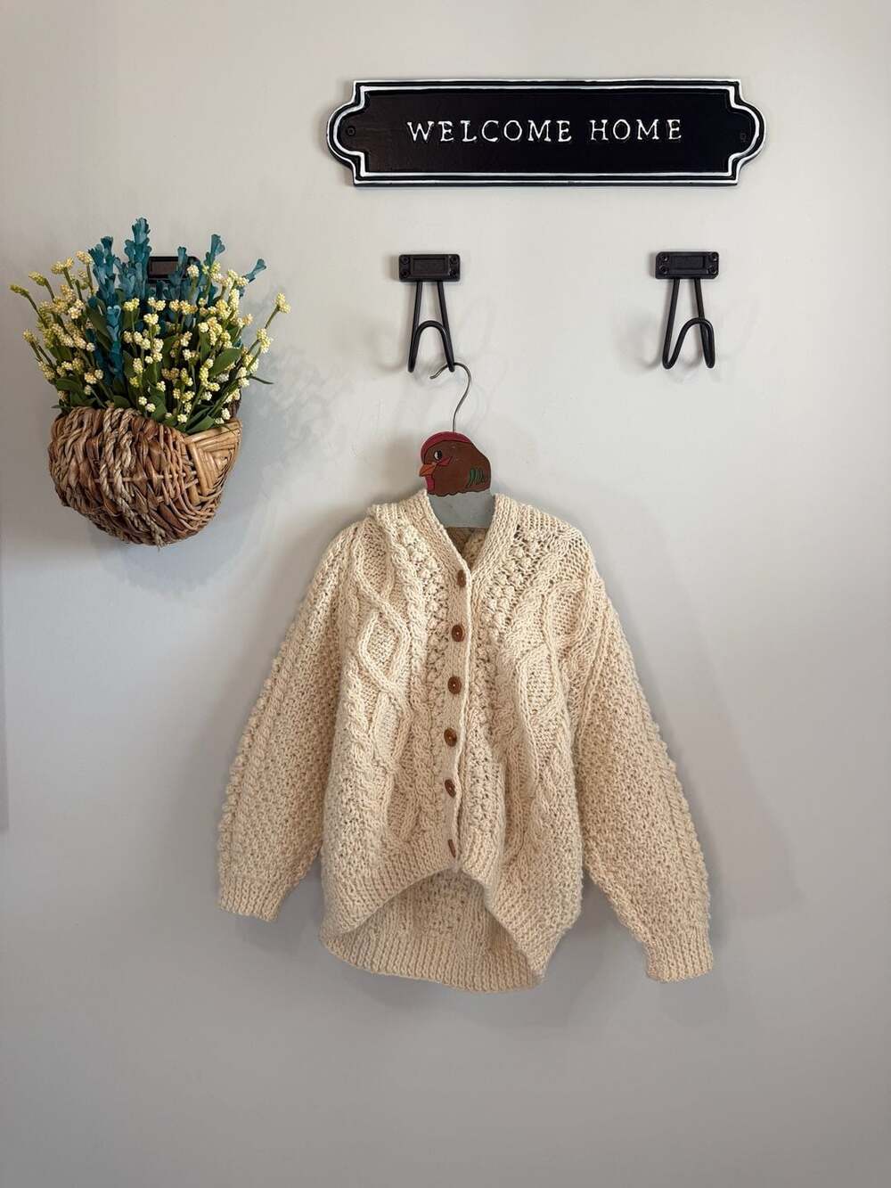 Vintage Ivory Chunky Cable Knit Wool Cardigan Sweater